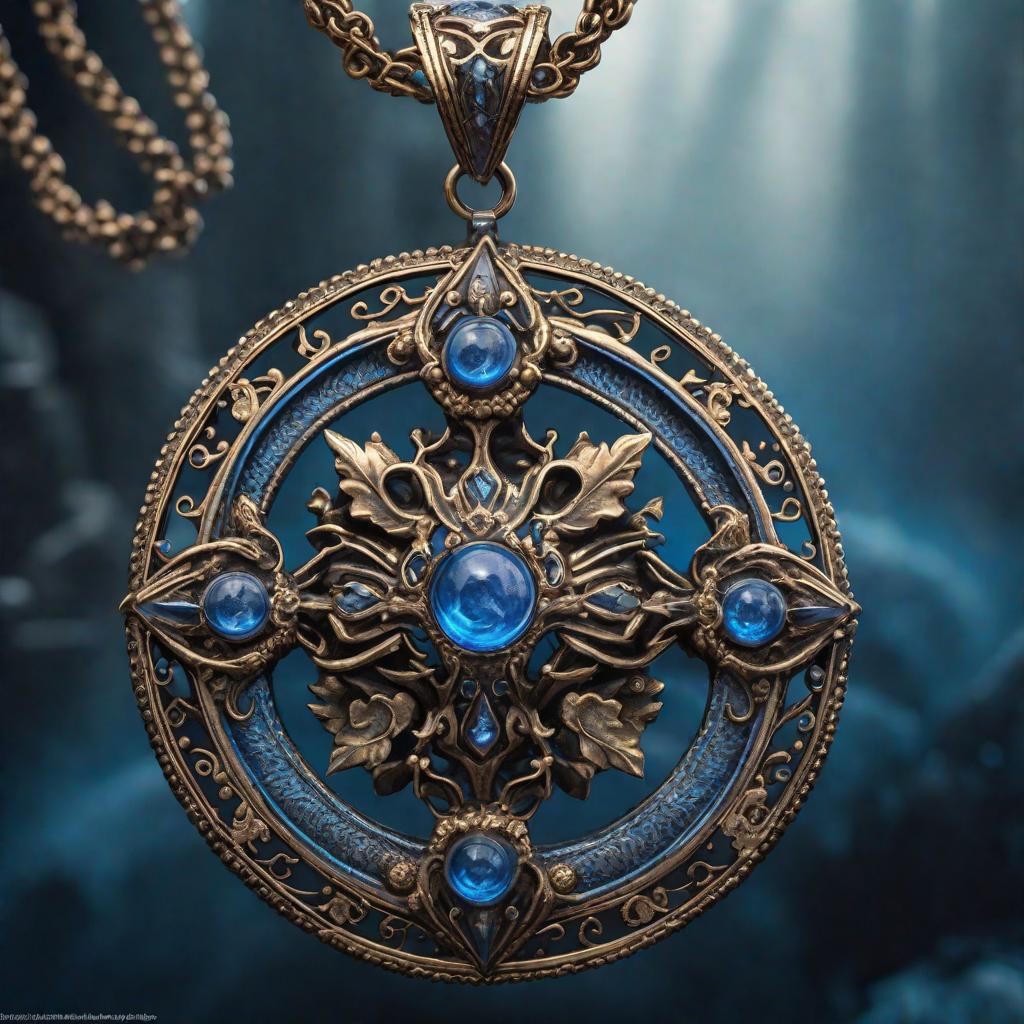  blue nightmare necklace without carrier hyperrealistic, full body, detailed clothing, highly detailed, cinematic lighting, stunningly beautiful, intricate, sharp focus, f/1. 8, 85mm, (centered image composition), (professionally color graded), ((bright soft diffused light)), volumetric fog, trending on instagram, trending on tumblr, HDR 4K, 8K