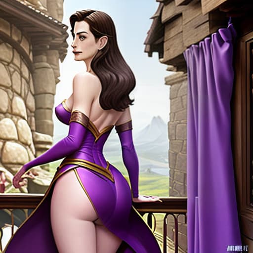  Anne Hathaway as a Fantasy Disney-like in bodytight costume,skinny purple short showing from behind while over balcony of her palace in Middle Earth kingdom