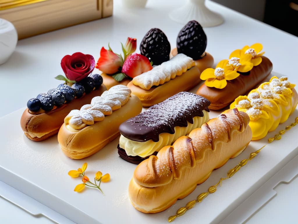  An ultradetailed 8k image of a row of freshly baked éclairs and choux pastries arranged elegantly on a sleek, white marble countertop. Each pastry is meticulously decorated with vibrant toppings like edible flowers, gold leaf, and delicate drizzles of chocolate, showcasing the exquisite craftsmanship and artistry involved in creating these delectable treats. The pastries glisten under soft, natural lighting, highlighting their perfect goldenbrown exteriors and light, airy interiors. The background is intentionally blurred to keep the focus solely on the intricate details of these mouthwatering delicacies, inviting viewers to indulge in the visual feast before them. hyperrealistic, full body, detailed clothing, highly detailed, cinematic lighting, stunningly beautiful, intricate, sharp focus, f/1. 8, 85mm, (centered image composition), (professionally color graded), ((bright soft diffused light)), volumetric fog, trending on instagram, trending on tumblr, HDR 4K, 8K