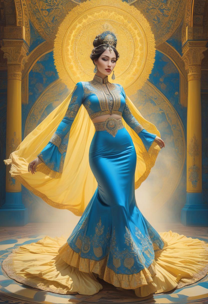  psychedelic style the art of the artist Vereshchagin, lady in blue and yellow, oriental dance in the style of Vasnetsov . vibrant colors, swirling patterns, abstract forms, surreal, trippy hyperrealistic, full body, detailed clothing, highly detailed, cinematic lighting, stunningly beautiful, intricate, sharp focus, f/1. 8, 85mm, (centered image composition), (professionally color graded), ((bright soft diffused light)), volumetric fog, trending on instagram, trending on tumblr, HDR 4K, 8K