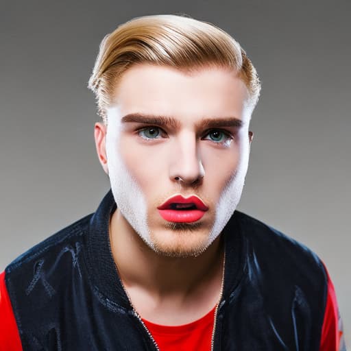 portrait+ style Russian queer parody performer blonde hunk dude face