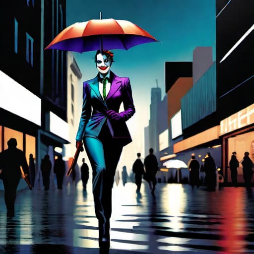  American style (modern) comic about jocker , digital color comicbook style, A woman walking in a busy city street, holding an umbrella.. hyperrealistic, full body, detailed clothing, highly detailed, cinematic lighting, stunningly beautiful, intricate, sharp focus, f/1. 8, 85mm, (centered image composition), (professionally color graded), ((bright soft diffused light)), volumetric fog, trending on instagram, trending on tumblr, HDR 4K, 8K