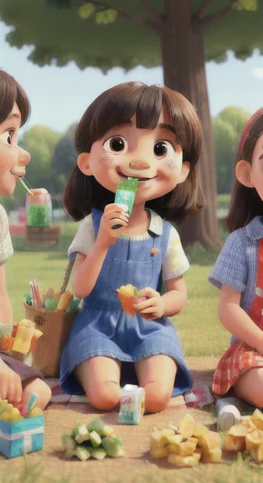  {Kids sitting around a picnic blanket, enjoying juice boxes and snacks., Children happily eating snacks, with crumbs on their faces and big smiles.