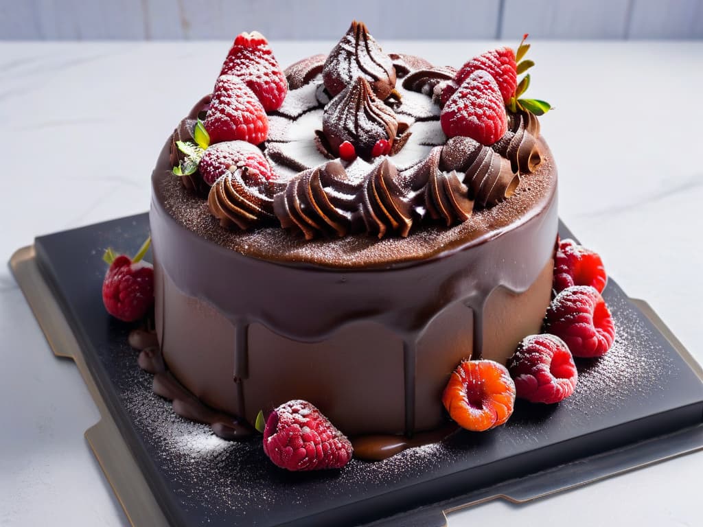  A closeup, ultradetailed photograph of a decadent chocolate cake topped with glossy ganache and fresh raspberries, captured from a slightly elevated angle. The cake sits on a sleek, matte black plate placed on a marble countertop, with a scattering of cocoa powder in the background adding a touch of elegance. The rich colors and textures of the dessert shine under a soft, natural light, highlighting the intricate details of the dessert and making the viewer almost able to taste the indulgent sweetness. hyperrealistic, full body, detailed clothing, highly detailed, cinematic lighting, stunningly beautiful, intricate, sharp focus, f/1. 8, 85mm, (centered image composition), (professionally color graded), ((bright soft diffused light)), volumetric fog, trending on instagram, trending on tumblr, HDR 4K, 8K