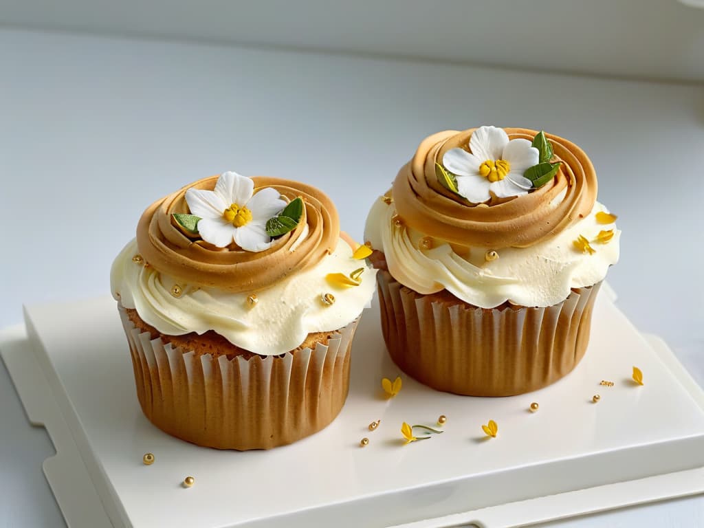  A closeup, ultradetailed image of a perfectly frosted cupcake, topped with delicate edible flowers and gold leaf, set against a pristine white background. The frosting is flawlessly smooth, with intricate piped details, showcasing the artistry and precision of pastry decoration. The vibrant colors of the flowers pop against the neutral tones, creating a visually striking and aesthetically pleasing composition that embodies elegance and sophistication. hyperrealistic, full body, detailed clothing, highly detailed, cinematic lighting, stunningly beautiful, intricate, sharp focus, f/1. 8, 85mm, (centered image composition), (professionally color graded), ((bright soft diffused light)), volumetric fog, trending on instagram, trending on tumblr, HDR 4K, 8K