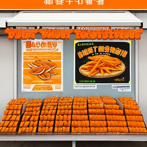  A poster of a sweet potato bakery, which contains the main products, such as: sweet potato chips, dried sweet potatoes, sweet potato wheat full score, etc., mainly orange or yellow ，