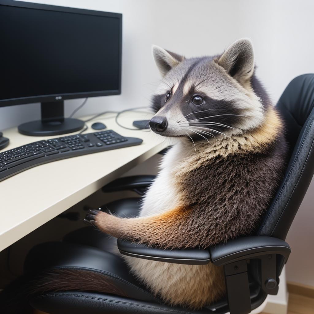  raccoon sitting in gaming chair front a computer on desktop, ((semi anthropomorphic)),(full body), tail, belly, sitting, fat, (chubby), (((white background))), solo, desktop, gaming chair, side view,  [[[clothes]]] hyperrealistic, full body, detailed clothing, highly detailed, cinematic lighting, stunningly beautiful, intricate, sharp focus, f/1. 8, 85mm, (centered image composition), (professionally color graded), ((bright soft diffused light)), volumetric fog, trending on instagram, trending on tumblr, HDR 4K, 8K