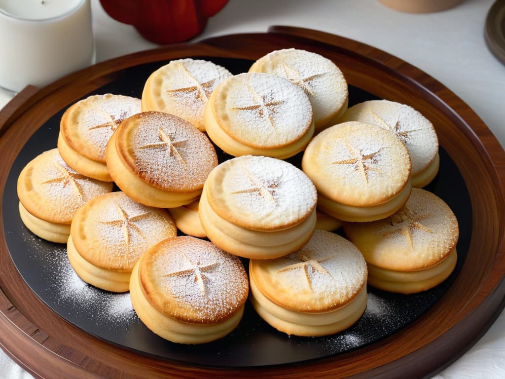  A closeup, ultradetailed image of freshly baked Maamoul cookies arranged elegantly on a rustic wooden serving tray, capturing the intricate patterns and golden brown color of the cookies. The delicate dusting of powdered sugar on top glistens in the soft natural light, highlighting the traditional craftsmanship and inviting aroma of these Middle Eastern filled cookies. hyperrealistic, full body, detailed clothing, highly detailed, cinematic lighting, stunningly beautiful, intricate, sharp focus, f/1. 8, 85mm, (centered image composition), (professionally color graded), ((bright soft diffused light)), volumetric fog, trending on instagram, trending on tumblr, HDR 4K, 8K