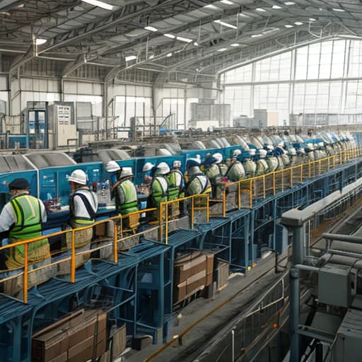  A view of a factory of workers and engineers，