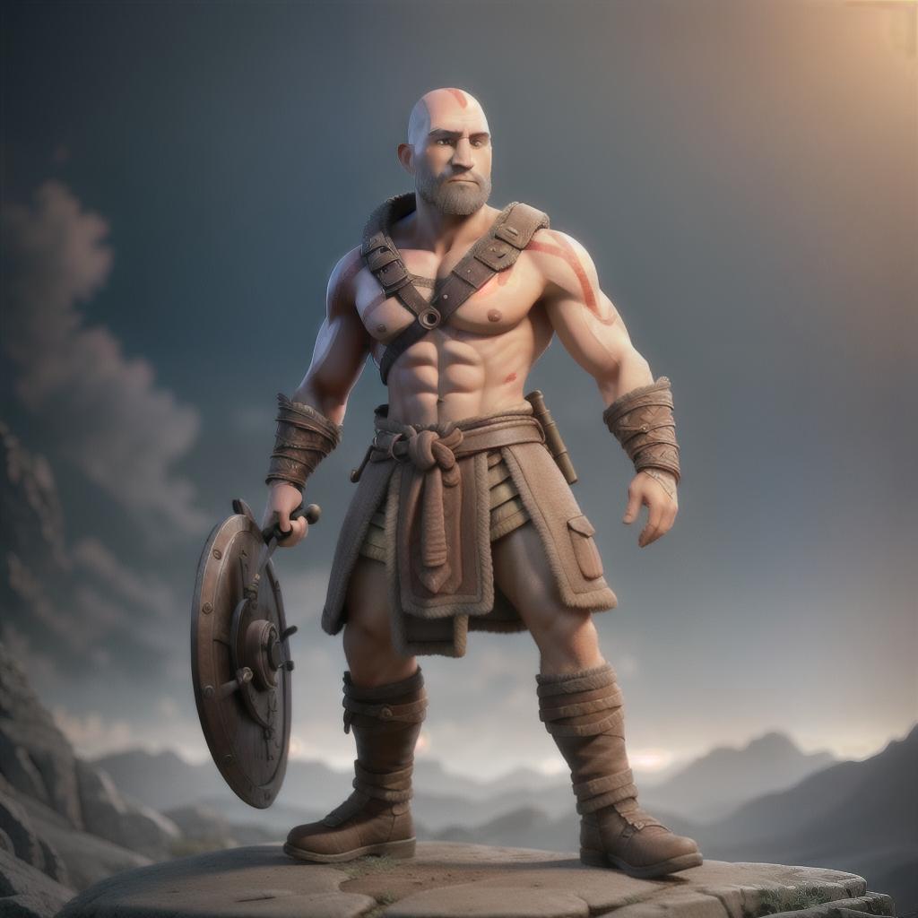  God of war hyperrealistic, full body, detailed clothing, highly detailed, cinematic lighting, stunningly beautiful, intricate, sharp focus, f/1. 8, 85mm, (centered image composition), (professionally color graded), ((bright soft diffused light)), volumetric fog, trending on instagram, trending on tumblr, HDR 4K, 8K