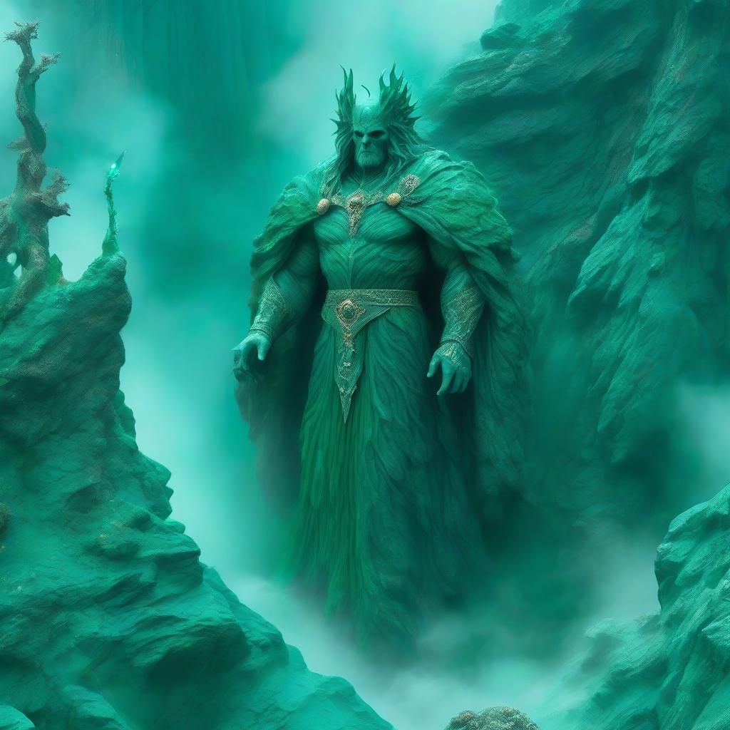  horror themed Land god, a man flies over the mist over cliffs with malachite and azurite inclusions, on him a crown, a mantle is billowing, mysticism, power, strength. . eerie, unsettling, dark, spooky, suspenseful, grim, highly detailed hyperrealistic, full body, detailed clothing, highly detailed, cinematic lighting, stunningly beautiful, intricate, sharp focus, f/1. 8, 85mm, (centered image composition), (professionally color graded), ((bright soft diffused light)), volumetric fog, trending on instagram, trending on tumblr, HDR 4K, 8K