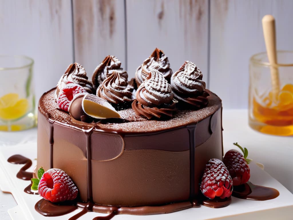  A closeup, photorealistic image of a decadent chocolate cake being sliced, showcasing rich, moist layers of chocolate sponge filled with velvety ganache and topped with glossy chocolate curls and fresh raspberries. The cake sits on a pristine white cake stand, set against a softfocus background of a bustling pastry kitchen, with elegant copper pots and whisks hanging on a rustic brick wall. The lighting captures the sheen of the chocolate, emphasizing the indulgent texture and inviting aroma of this exquisite dessert. hyperrealistic, full body, detailed clothing, highly detailed, cinematic lighting, stunningly beautiful, intricate, sharp focus, f/1. 8, 85mm, (centered image composition), (professionally color graded), ((bright soft diffused light)), volumetric fog, trending on instagram, trending on tumblr, HDR 4K, 8K