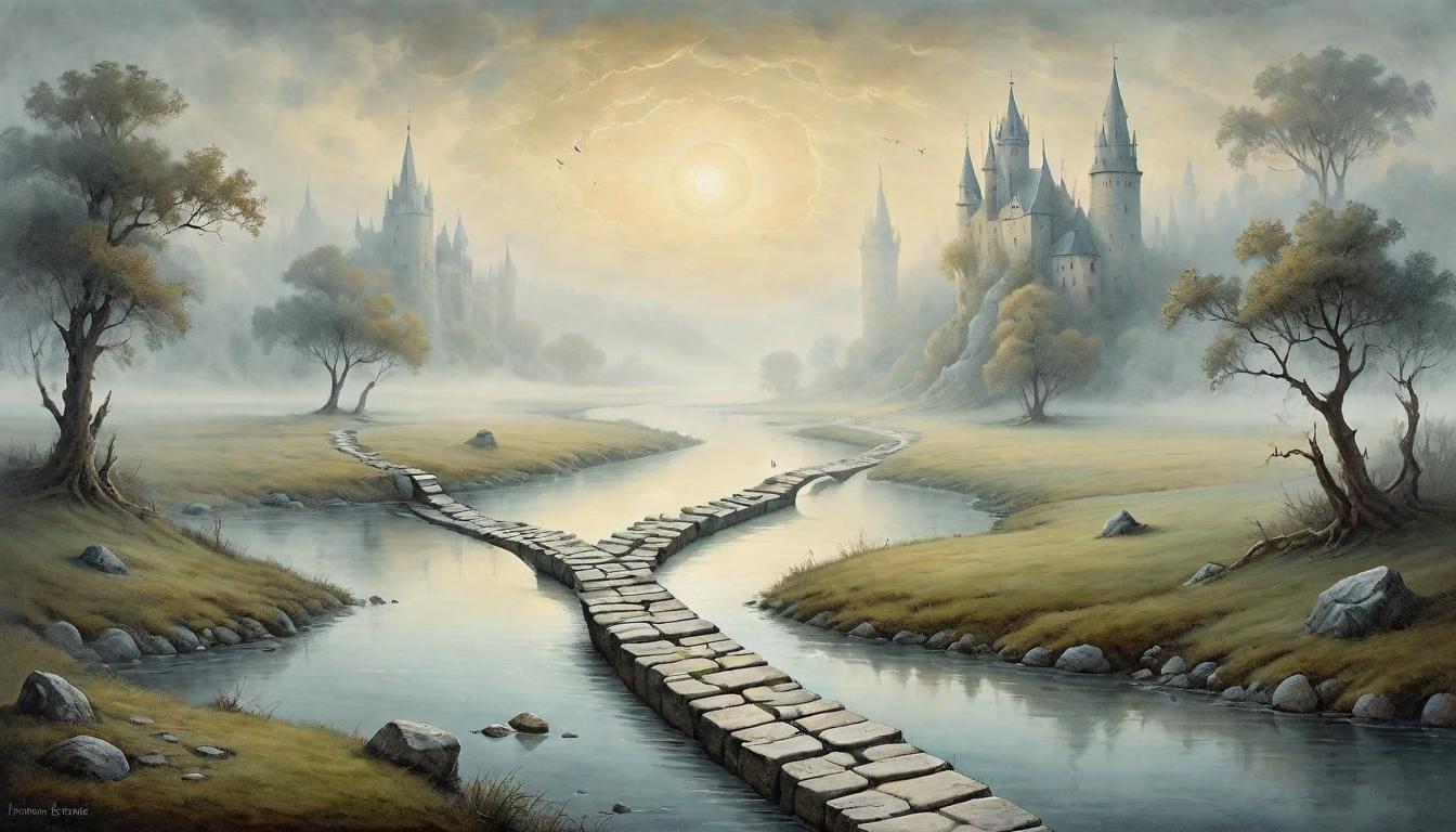  on parchment, surrealism+++, Stepping stones across a misty river leading towards a bright, inviting horizon, choice and pathway, personal journey, mist of uncertainty, horizon of possibilities.(mysterious, provocative, symbolic,muted color)+++