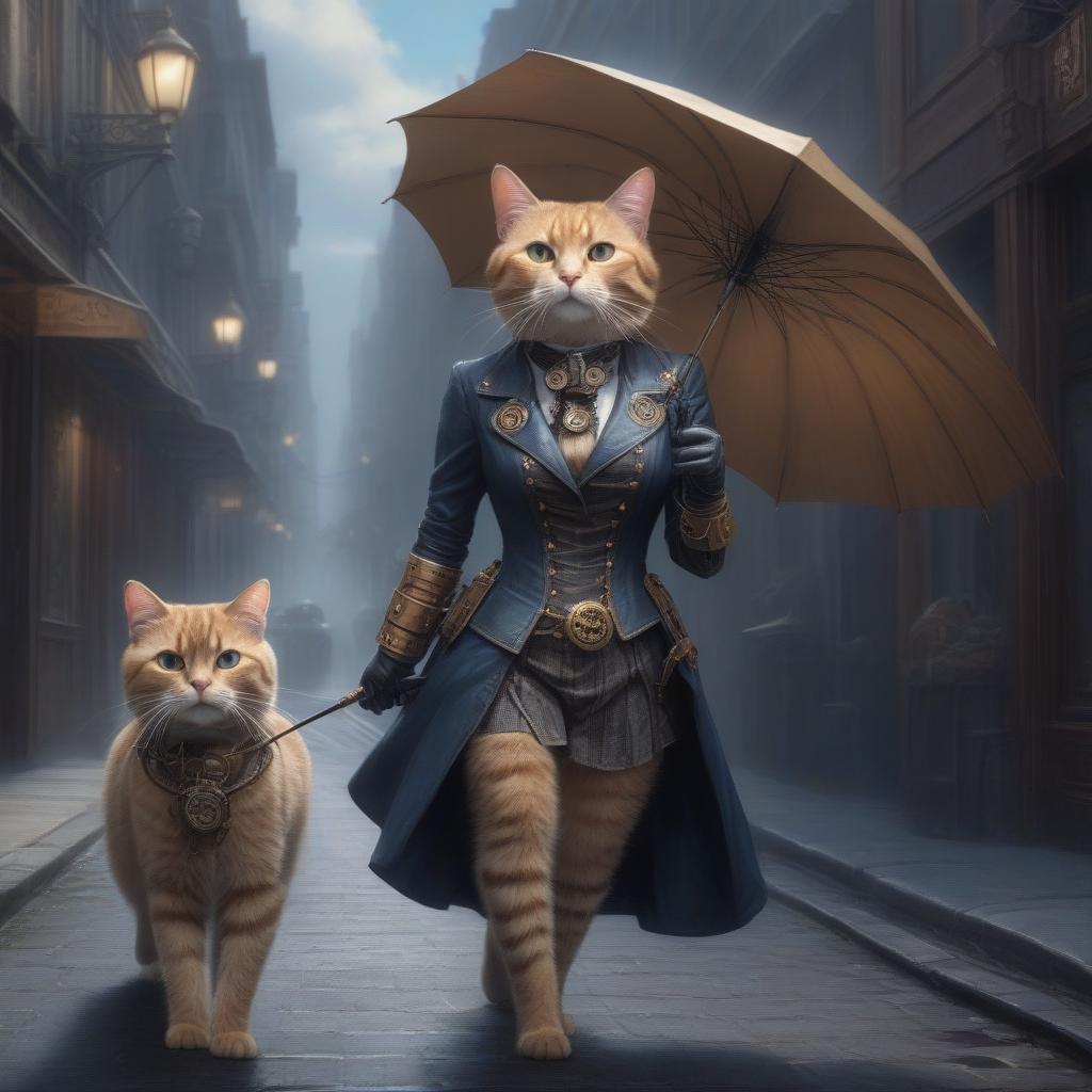  (Masterpiece, acrylic painting: 1.7). (female cat:1.1) wearing a steampunk dress and flatcap with googles and mad mecharm arm holding an umbrella walking down busy street, steampunk, steam, vignette, light rays, people doing chores, cinematic shot, dramatic lighting, blue sky, <lora:Gearbound Mechanical Arm SDXL:0.8> <lora:Gearbound Steampunk Chic 1 SDXL:0.8> mad stpk bts, mad stpk glvs, mad stpk bkpk, steampunk, (hyperdetailed, highest detailed:1.2), high resolution textures 4k. HDR hyperrealistic, full body, detailed clothing, highly detailed, cinematic lighting, stunningly beautiful, intricate, sharp focus, f/1. 8, 85mm, (centered image composition), (professionally color graded), ((bright soft diffused light)), volumetric fog, trending on instagram, trending on tumblr, HDR 4K, 8K