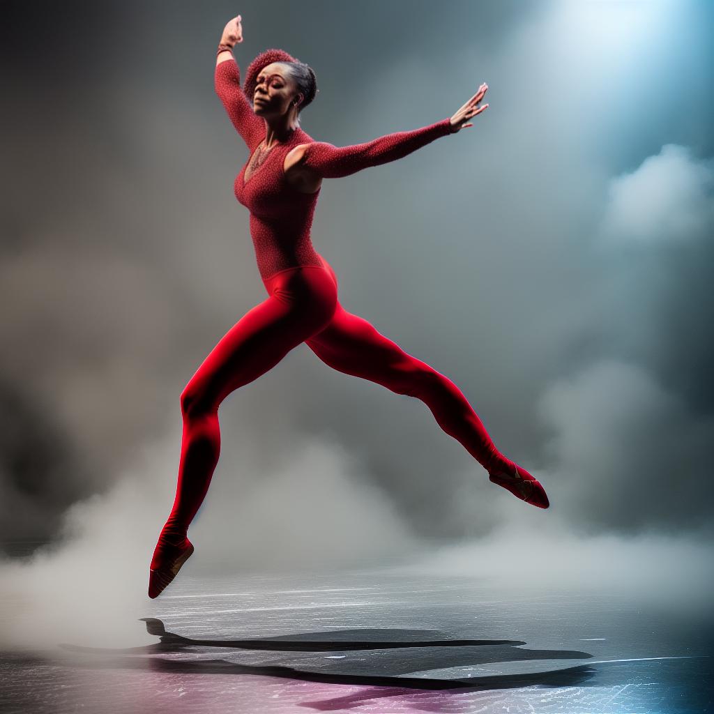  professional dancer expressing emotion through movement, with dramatic lighting hyperrealistic, full body, detailed clothing, highly detailed, cinematic lighting, stunningly beautiful, intricate, sharp focus, f/1. 8, 85mm, (centered image composition), (professionally color graded), ((bright soft diffused light)), volumetric fog, trending on instagram, trending on tumblr, HDR 4K, 8K