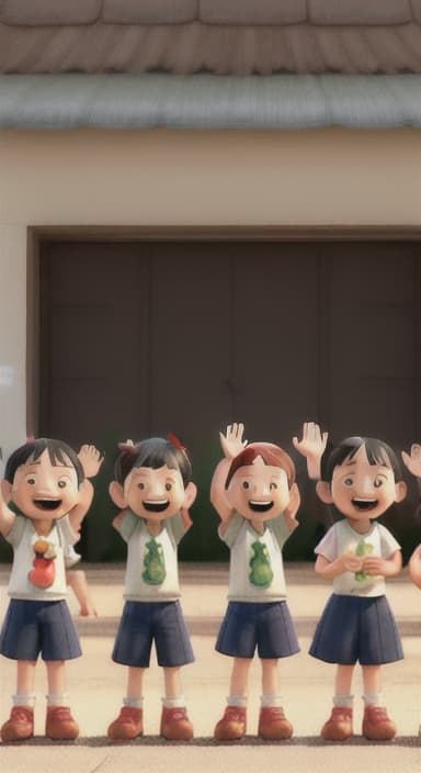  {A heartwarming scene of all the children waving goodbye with happy expressions., Children waving with wide smiles, looking grateful and content.