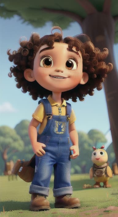  {Riley looking up at the tree with a big smile, animals surrounding them., Riley, a curious with big brown eyes and curly hair, wearing overalls and carrying a small backpack. Their friend, Skye, a bluebird with shiny feathers.