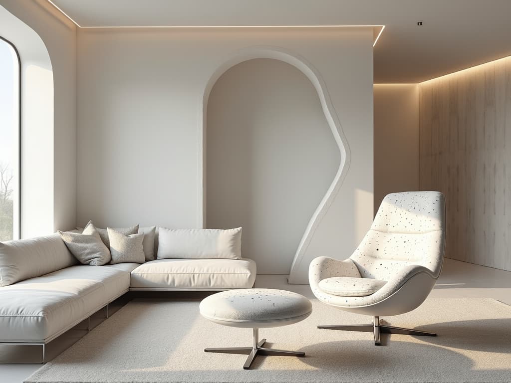  this editorial photography features a modern living room designed as a gathering space for relaxation and entertainment, captured from an extreme wide shot using an ultra wide angle 14mm f/2.8 lens. the room showcases sleek minimalism with a standout modern chair characterized by its minimalist form and smooth, curved edges. the chair's white seat and backrest, accented with colorful speckles (primary: white rgb(255,255,255), secondary: chrome rgb(224,223,219), tertiary: various colors), add a playful, creative touch, complemented by a chrome frame that enhances the contemporary vibe. the space is further defined by architecture and furniture featuring intricate fractal patterns and details, emphasizing modern, minimalist designs. hyperrealistic, full body, detailed clothing, highly detailed, cinematic lighting, stunningly beautiful, intricate, sharp focus, f/1. 8, 85mm, (centered image composition), (professionally color graded), ((bright soft diffused light)), volumetric fog, trending on instagram, trending on tumblr, HDR 4K, 8K