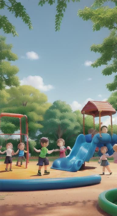  {Children playing in a sunny park with swings and slides., Same group of happy children, now wearing casual play clothes.