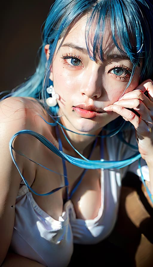  Cute, beautiful girl, blue hair, (Masterpiece, BestQuality:1.3), (ultra detailed:1.2), (hyperrealistic:1.3), (RAW photo:1.2),High detail RAW color photo, professional photograph, (Photorealistic:1.4), (realistic:1.4), ,professional lighting, (japanese), beautiful face, (realistic face)