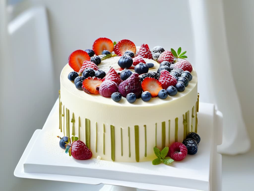  A closeup, ultradetailed image of a beautifully decorated vegan organic cake made with fresh fruits and edible flowers, placed on a sleek, modern minimalist white cake stand. The cake is intricately adorned with delicate frosting swirls and artistic arrangements of colorful berries, creating a visually stunning and appetizing centerpiece. The vibrant colors and exquisite details highlight the artistry and elegance of vegan organic baking, enticing and inspiring aspiring bakers to explore this culinary world. hyperrealistic, full body, detailed clothing, highly detailed, cinematic lighting, stunningly beautiful, intricate, sharp focus, f/1. 8, 85mm, (centered image composition), (professionally color graded), ((bright soft diffused light)), volumetric fog, trending on instagram, trending on tumblr, HDR 4K, 8K