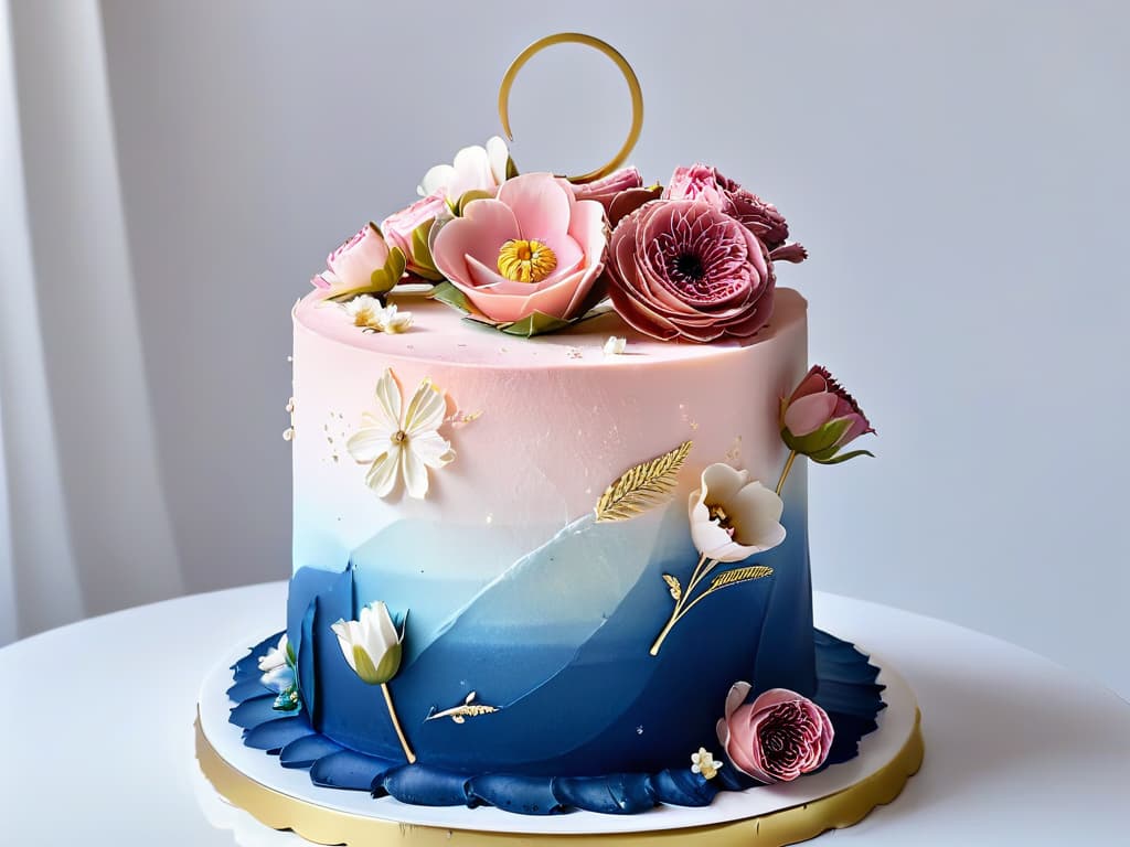  An intricate, highresolution image of a stunning ombre cake with layers transitioning from deep midnight blue at the bottom to a soft pastel pink at the top. Each layer is perfectly frosted and decorated with delicate edible flowers and gold leaf accents, creating a visually striking and elegant dessert masterpiece. hyperrealistic, full body, detailed clothing, highly detailed, cinematic lighting, stunningly beautiful, intricate, sharp focus, f/1. 8, 85mm, (centered image composition), (professionally color graded), ((bright soft diffused light)), volumetric fog, trending on instagram, trending on tumblr, HDR 4K, 8K