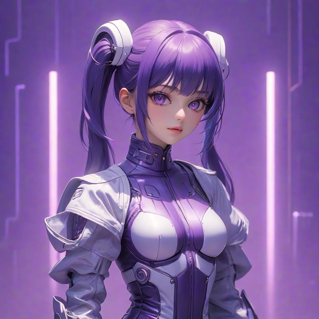  a woman standing front of a purple background, inspired by Ai Mitsu, auto destructive art, violet theme, glitchwave, twintails white gloves, album cover! hyperrealistic, full body, detailed clothing, highly detailed, cinematic lighting, stunningly beautiful, intricate, sharp focus, f/1. 8, 85mm, (centered image composition), (professionally color graded), ((bright soft diffused light)), volumetric fog, trending on instagram, trending on tumblr, HDR 4K, 8K