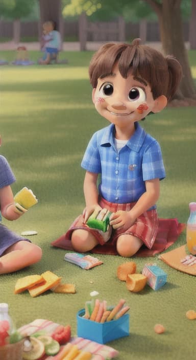  {Kids sitting around a picnic blanket, enjoying juice boxes and snacks., Children happily eating snacks, with crumbs on their faces and big smiles.