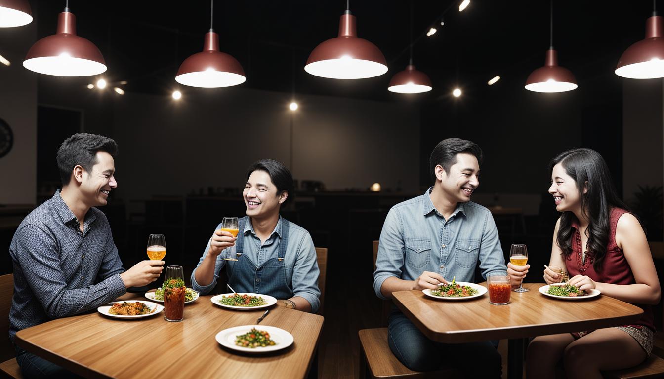  digital illustration, Couple having an enjoyable meal, colorful vegetarian dishes on table, warm lighting, pleasant ambiance, cooperative, consideration, looking at viewer, dynamic pose, (intricate details, masterpiece, best quality)