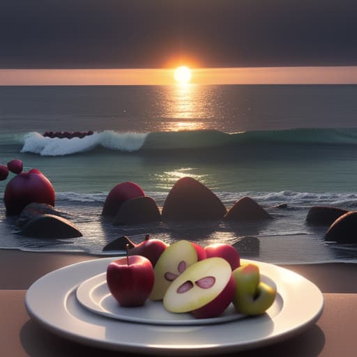  Grapes and apples on a plate and the sea outside mocha do the fruit right there a girl between the rocks and the sand and a cloudy reddish green sun