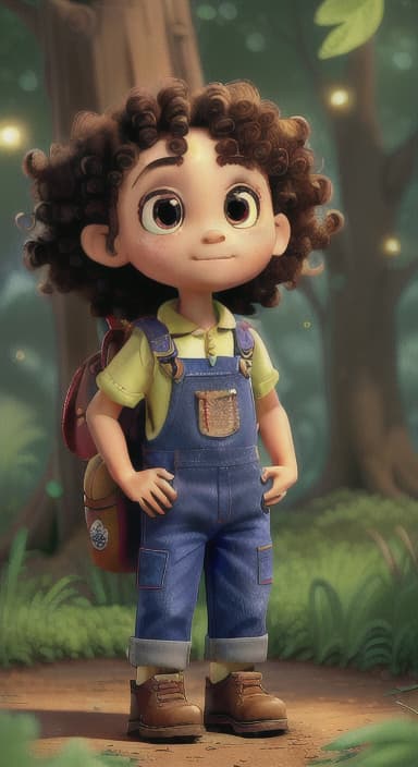  {The tree with a twinkling eye, while its leaves gently rustle., Riley, a curious with big brown eyes and curly hair, wearing overalls and carrying a small backpack. Their friend, Skye, a bluebird with shiny feathers.