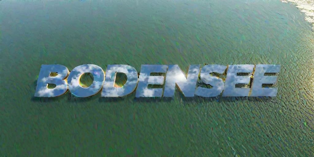  3D Text "BODENSEE" floating above Lake Constance, clear skies, midday lighting. Rendered in 3D Model style, high resolution, realistic textures and reflections., high resolution, ((sharp focus)), best quality, ((masterpiece))