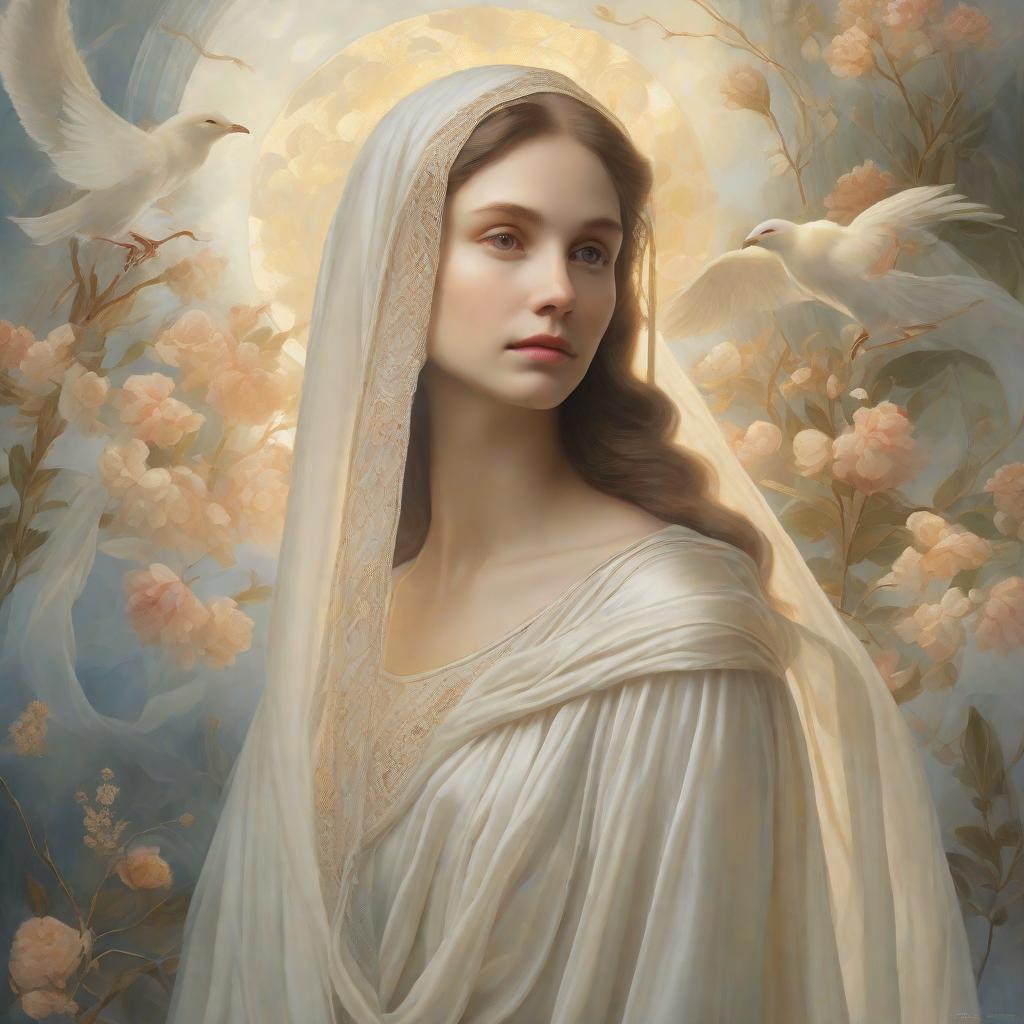  masterpiece, best quality, ethereal woman, soft light, flowing veil, serene expression, dreamy atmosphere, angelic presence, renaissance painting style, delicate features, soft colors, mystical glow, photorealistic, high detail