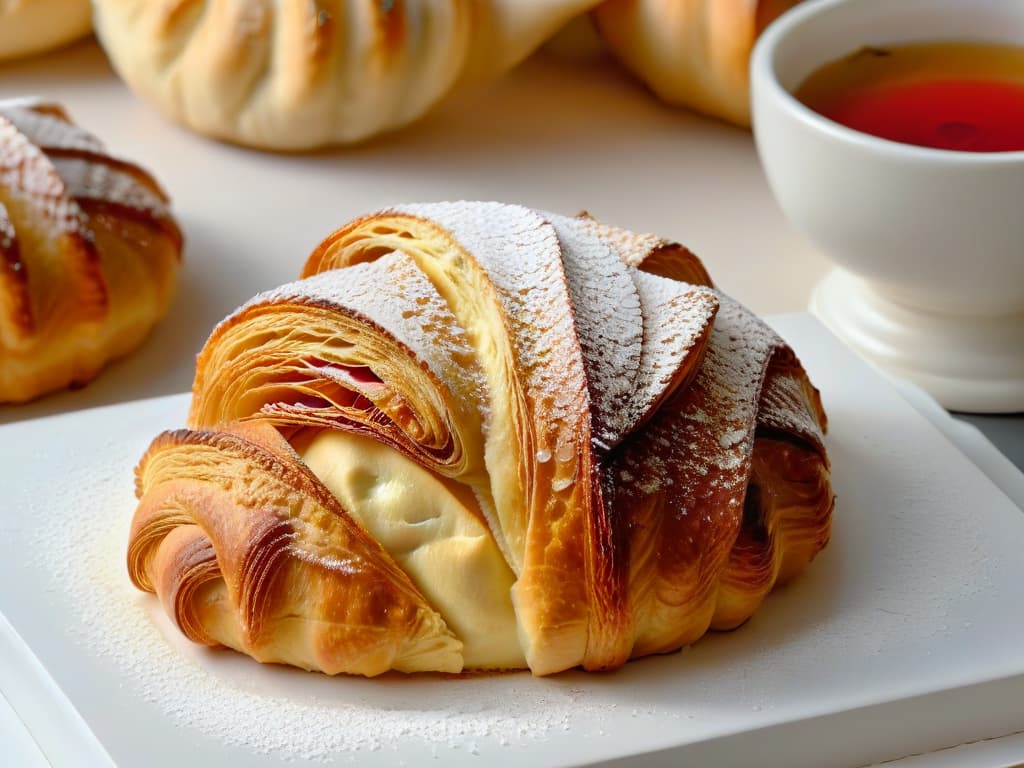  An ultradetailed closeup image of a perfectly golden and flaky croissant, fresh out of the oven. The pastry is delicately dusted with a light sprinkle of powdered sugar, with thin wisps of steam gently rising from its warm interior. The intricate layers of buttery dough are beautifully displayed, showcasing the expertise and precision required in mastering the art of French pastry. hyperrealistic, full body, detailed clothing, highly detailed, cinematic lighting, stunningly beautiful, intricate, sharp focus, f/1. 8, 85mm, (centered image composition), (professionally color graded), ((bright soft diffused light)), volumetric fog, trending on instagram, trending on tumblr, HDR 4K, 8K