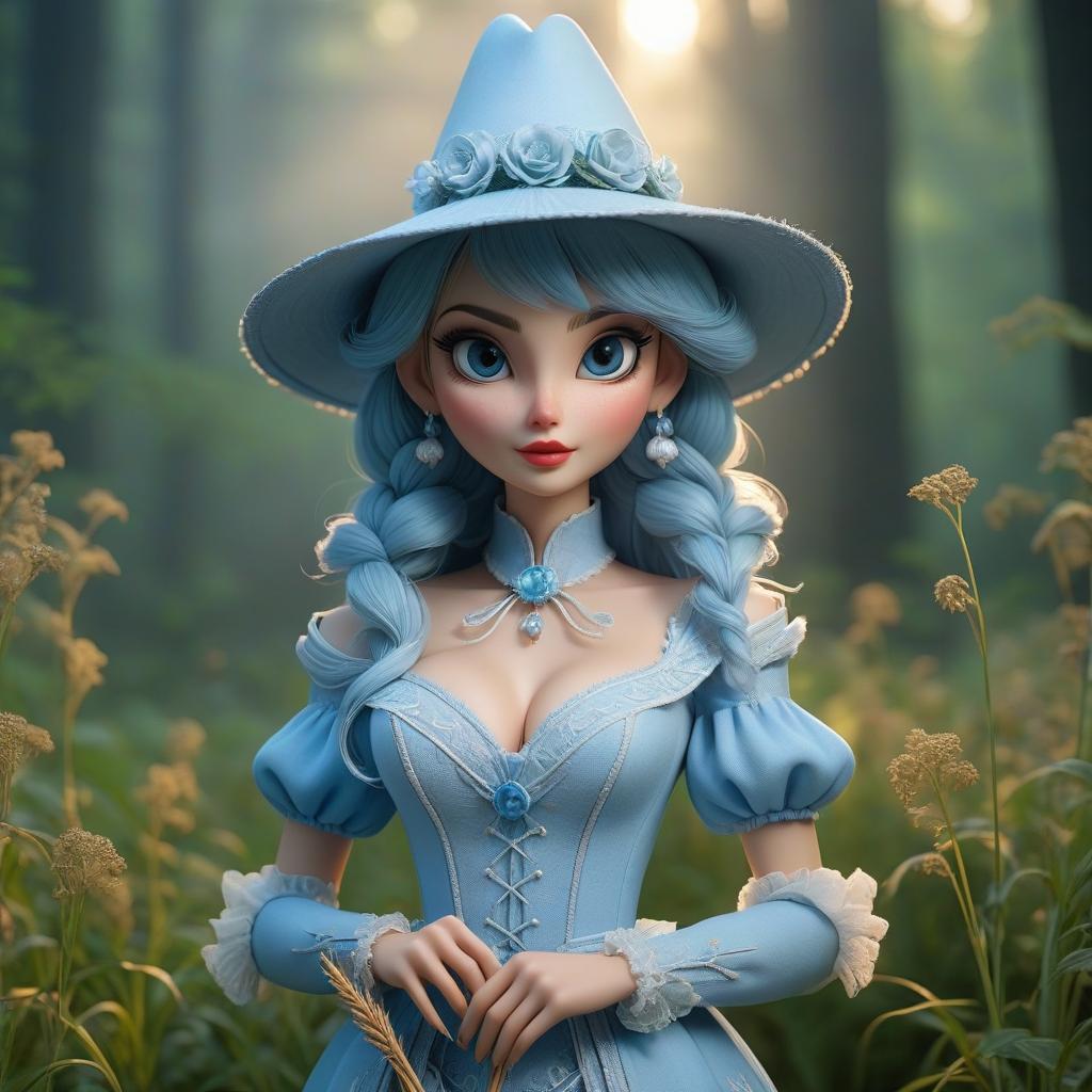  professional 3d model "Scary, the lovely straw doll in a light blue costume, in a blue pointed hat." . octane render, highly detailed, volumetric, dramatic lighting hyperrealistic, full body, detailed clothing, highly detailed, cinematic lighting, stunningly beautiful, intricate, sharp focus, f/1. 8, 85mm, (centered image composition), (professionally color graded), ((bright soft diffused light)), volumetric fog, trending on instagram, trending on tumblr, HDR 4K, 8K