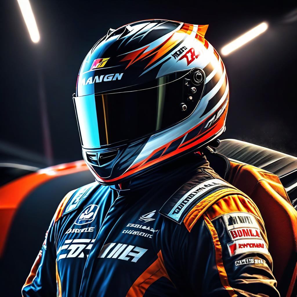  manga style Anime poster, Formula 1 racer, in racing helmet, view from behind the racer, dark background, face not visible. . vibrant, high energy, detailed, iconic, Japanese comic style hyperrealistic, full body, detailed clothing, highly detailed, cinematic lighting, stunningly beautiful, intricate, sharp focus, f/1. 8, 85mm, (centered image composition), (professionally color graded), ((bright soft diffused light)), volumetric fog, trending on instagram, trending on tumblr, HDR 4K, 8K