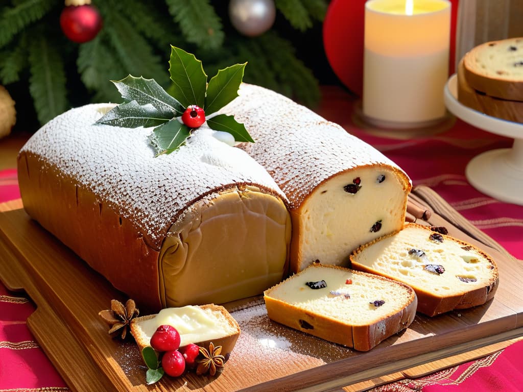  A photorealistic image of a beautifully decorated European Christmas dessert table showcasing a variety of traditional sweets such as German Stollen, Spanish Polvorones, Italian Panettone, French Bûche de Noël, and English Christmas pudding. The table is elegantly set with festive decorations like holly berries, twinkling lights, and a dusting of powdered sugar, creating a warm and inviting holiday atmosphere. Each dessert is meticulously crafted, highlighting their unique textures, colors, and intricate details, enticing the viewer with the promise of delicious flavors and rich cultural traditions. hyperrealistic, full body, detailed clothing, highly detailed, cinematic lighting, stunningly beautiful, intricate, sharp focus, f/1. 8, 85mm, (centered image composition), (professionally color graded), ((bright soft diffused light)), volumetric fog, trending on instagram, trending on tumblr, HDR 4K, 8K