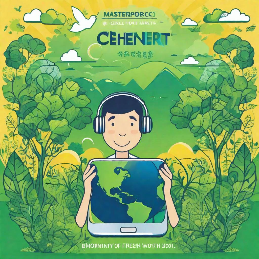  masterpiece, best quality,Background design: fresh green and blue gradient, representing harmony between nature and society. Core image design: a young man organizes an online environmental campaign through the network of Wopi. He uses smart devices to showcase his environmental projects and the screen displays the slogan "cheer for the earth".