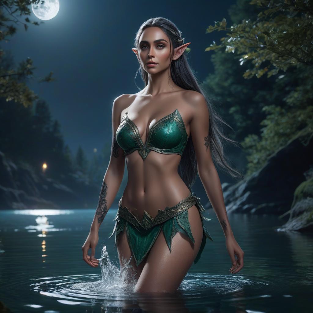  High quality, high detail, photorealism, realism, high resolution, very hot and beautiful elf (full length) in the lake by moonlight, minimum clothing, full size, shapes, , short clothes, shimmering line tattoos hyperrealistic, full body, detailed clothing, highly detailed, cinematic lighting, stunningly beautiful, intricate, sharp focus, f/1. 8, 85mm, (centered image composition), (professionally color graded), ((bright soft diffused light)), volumetric fog, trending on instagram, trending on tumblr, HDR 4K, 8K