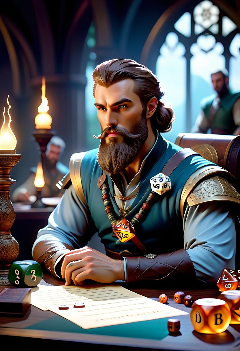  ethereal fantasy concept art of A young bearded master of the D&D game is sitting at a table, letters fly out of his pen and various dice are on the table. . magnificent, celestial, ethereal, painterly, epic, majestic, magical, fantasy art, cover art, dreamy hyperrealistic, full body, detailed clothing, highly detailed, cinematic lighting, stunningly beautiful, intricate, sharp focus, f/1. 8, 85mm, (centered image composition), (professionally color graded), ((bright soft diffused light)), volumetric fog, trending on instagram, trending on tumblr, HDR 4K, 8K