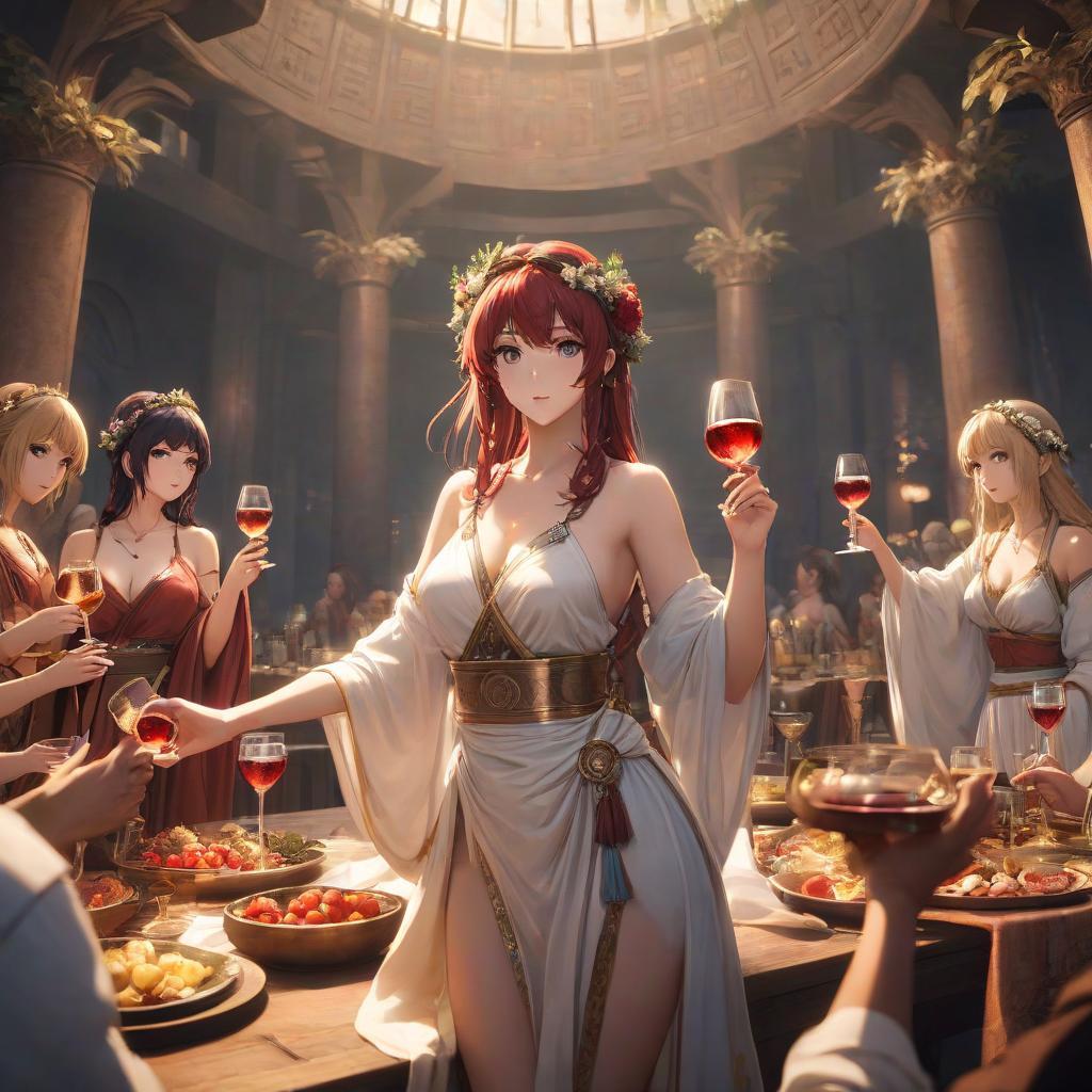  anime artwork Ancient Greeks entertain themselves with cups of wine at a feast. . anime style, key visual, vibrant, studio anime, highly detailed hyperrealistic, full body, detailed clothing, highly detailed, cinematic lighting, stunningly beautiful, intricate, sharp focus, f/1. 8, 85mm, (centered image composition), (professionally color graded), ((bright soft diffused light)), volumetric fog, trending on instagram, trending on tumblr, HDR 4K, 8K