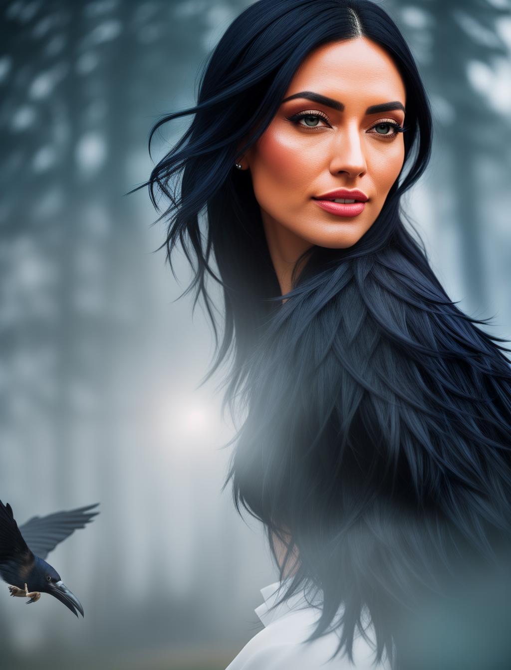  A woman with black hair and striking blue eyes surrounded by large ravens , (high detailed skin:1.2), 8k uhd, dslr, soft lighting, high quality, film grain, Fujifilm XT3 hyperrealistic, full body, detailed clothing, highly detailed, cinematic lighting, stunningly beautiful, intricate, sharp focus, f/1. 8, 85mm, (centered image composition), (professionally color graded), ((bright soft diffused light)), volumetric fog, trending on instagram, trending on tumblr, HDR 4K, 8K