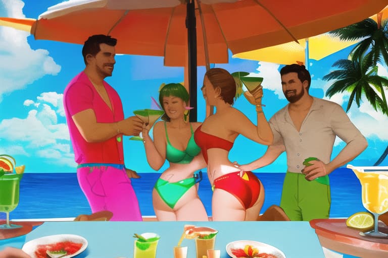  Two married couples in neon swimsuits drinking margaritas poolside with palm trees