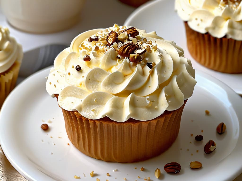  An ultradetailed closeup image of a perfectly baked lowcarb cupcake, topped with a delicate swirl of sugarfree frosting and a sprinkling of crushed nuts, placed on a sleek, modern plate. The cupcake is golden brown, with visible moist crumbs, exuding a tempting aroma. The frosting is light and fluffy, with tiny air bubbles glistening under a soft light, and the nuts are finely chopped, adding a touch of elegance to the overall presentation. The background is a simple, monochromatic surface that enhances the minimalist aesthetic of the image, focusing all attention on the exquisite details of the cupcake. hyperrealistic, full body, detailed clothing, highly detailed, cinematic lighting, stunningly beautiful, intricate, sharp focus, f/1. 8, 85mm, (centered image composition), (professionally color graded), ((bright soft diffused light)), volumetric fog, trending on instagram, trending on tumblr, HDR 4K, 8K