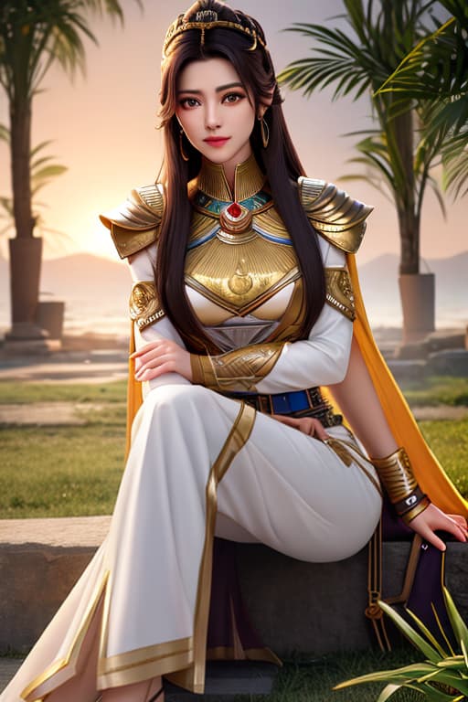  A young man, sturdy, shoulder length hair. straight hair, angular face, handsome like a male god, dark eyes, charisma, looking at the camera with cool beauty, he wears an ancient Egyptian royal soldier costume, toned brown skin, hands wearing a silver collar and sandals. Sitting on the grass on the bank of the Nile River in the sunset. hyperrealistic, full body, detailed clothing, highly detailed, cinematic lighting, stunningly beautiful, intricate, sharp focus, f/1. 8, 85mm, (centered image composition), (professionally color graded), ((bright soft diffused light)), volumetric fog, trending on instagram, trending on tumblr, HDR 4K, 8K