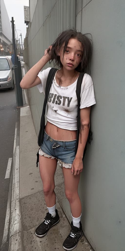  homeless-girl in short shorts, dirty, around the corner, it's raining