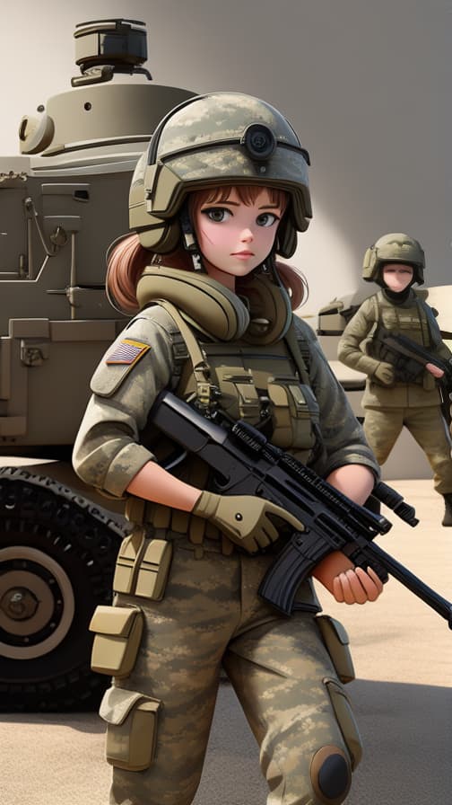  Three heads, rifle, U.S. Army soldier equipment, military equipment, girl, cute.