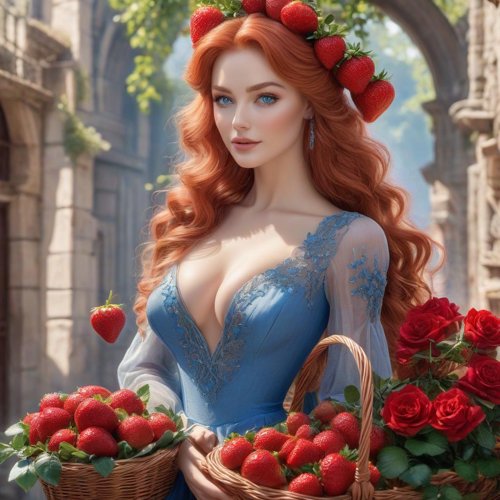   with a basket of roses, sparkling blue eyes, heart shaped face, long strawberry hair, beautiful in a red and blue combination dress, very detailed face, detailed airbrushing, ultra realistic, beautiful, colorful, realistic, high detail, rim light, animated 3D graphics, stunning watercolor painting hyperrealistic, full body, detailed clothing, highly detailed, cinematic lighting, stunningly beautiful, intricate, sharp focus, f/1. 8, 85mm, (centered image composition), (professionally color graded), ((bright soft diffused light)), volumetric fog, trending on instagram, trending on tumblr, HDR 4K, 8K