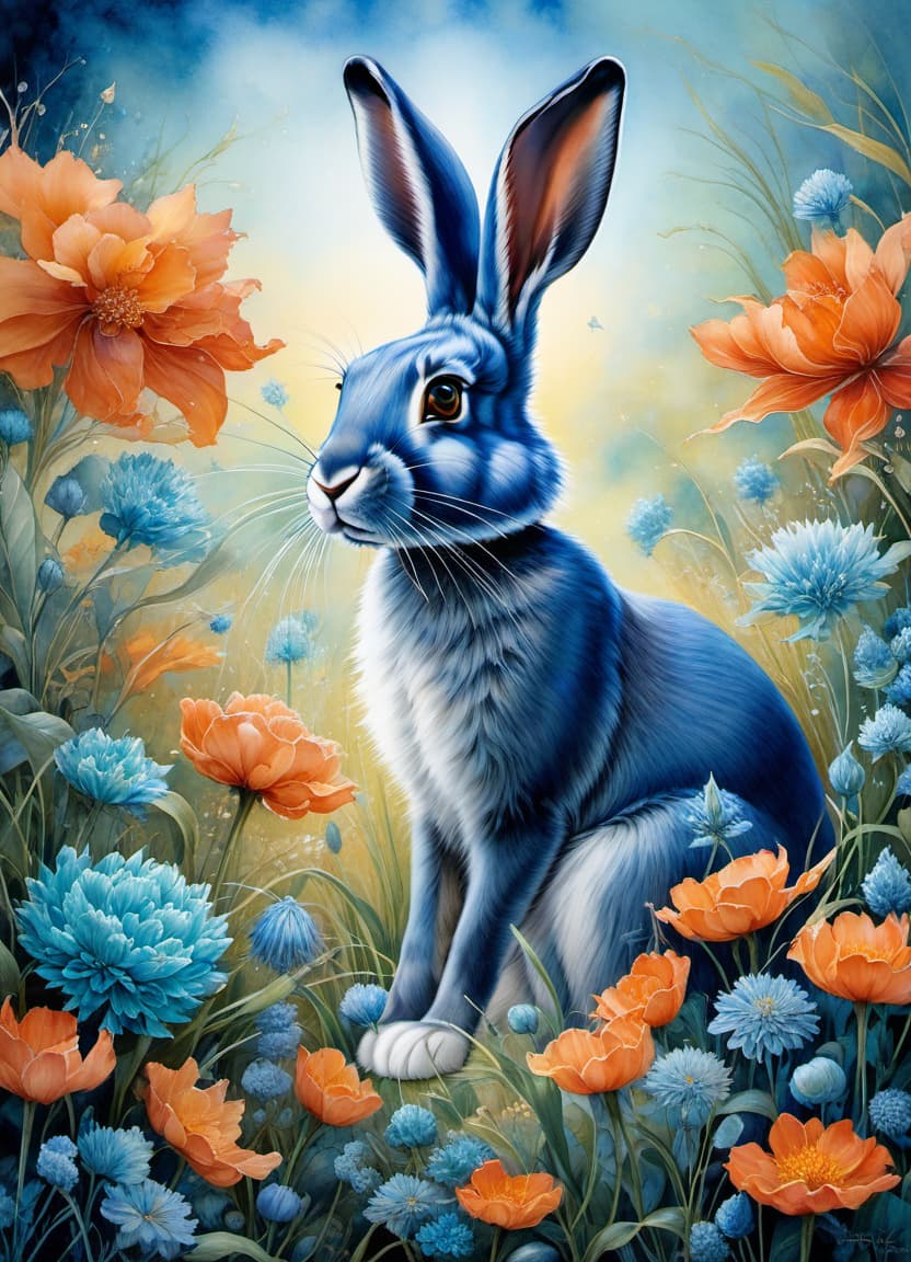  Art Nouveau style Watercolour detailed painting. Far background. A detailed image of a blue fluffy hare sitting in a clearing in a magical, unreal, mystical ring of flowers and grasses. Detailed texture of fluffy fur: variety and depth of different shades of blue and turquoise. Dürer's realism. Background: surrealist abstractionism: expressive brushstrokes that complement the painting with bright, warm orange hues. Stylistics: neo rococo, surrealism, fairy tale. In the manner of Carole Baca, Julie Dillon, Camille de Errico. High quality, harmonic composition. . elegant, decorative, curvilinear forms, nature inspired, ornate, detailed hyperrealistic, full body, detailed clothing, highly detailed, cinematic lighting, stunningly beautiful, intricate, sharp focus, f/1. 8, 85mm, (centered image composition), (professionally color graded), ((bright soft diffused light)), volumetric fog, trending on instagram, trending on tumblr, HDR 4K, 8K