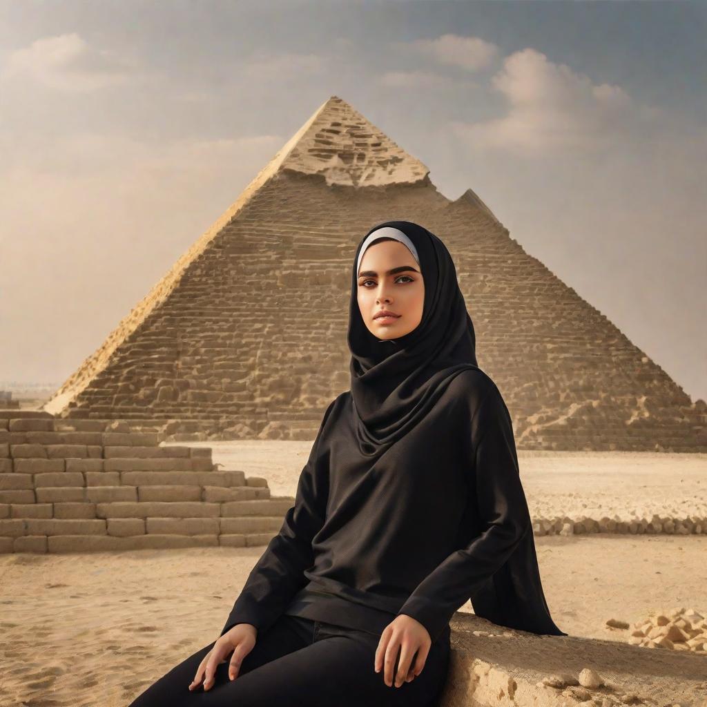  masterpiece, best quality, A young woman wearing hazel hijab woth dark blouse and jeans, standing in front of pyramid gaza egypt with justin bieber